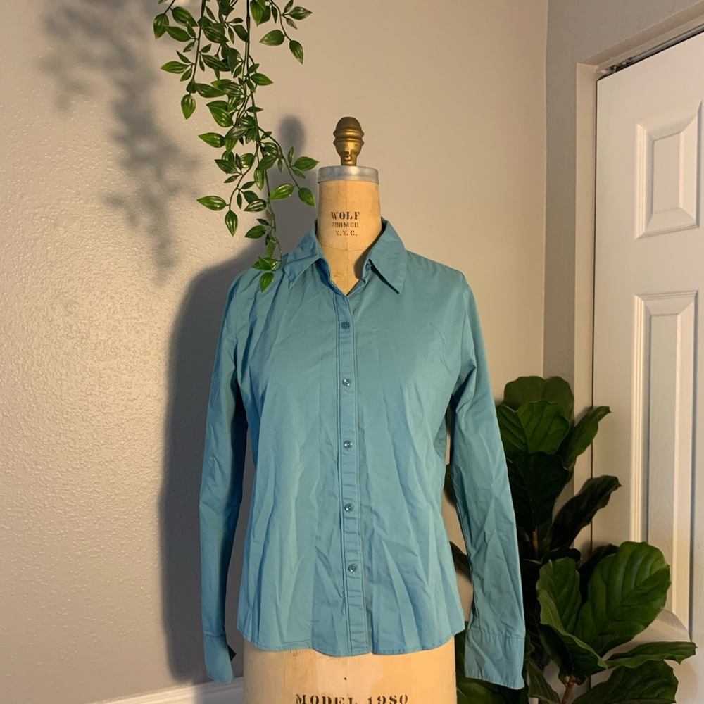 Liz Claiborne Teal Stretchy Long Sleeve Button-Up Top